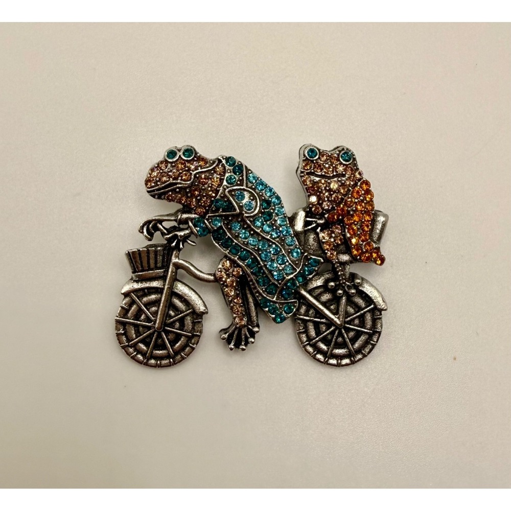 Mint Frog Bicycle Brooch Pin Silver Tone Crystal Rhinestone Metal Orange Blue
